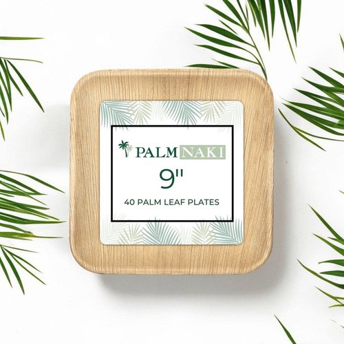 PALM NAKI Square Palm Leaf Plates (40 Count) - Disposable Dinnerware, Eco-Friendly, Bamboo-like Compostable and Biodegradable Plates (9" Plates)