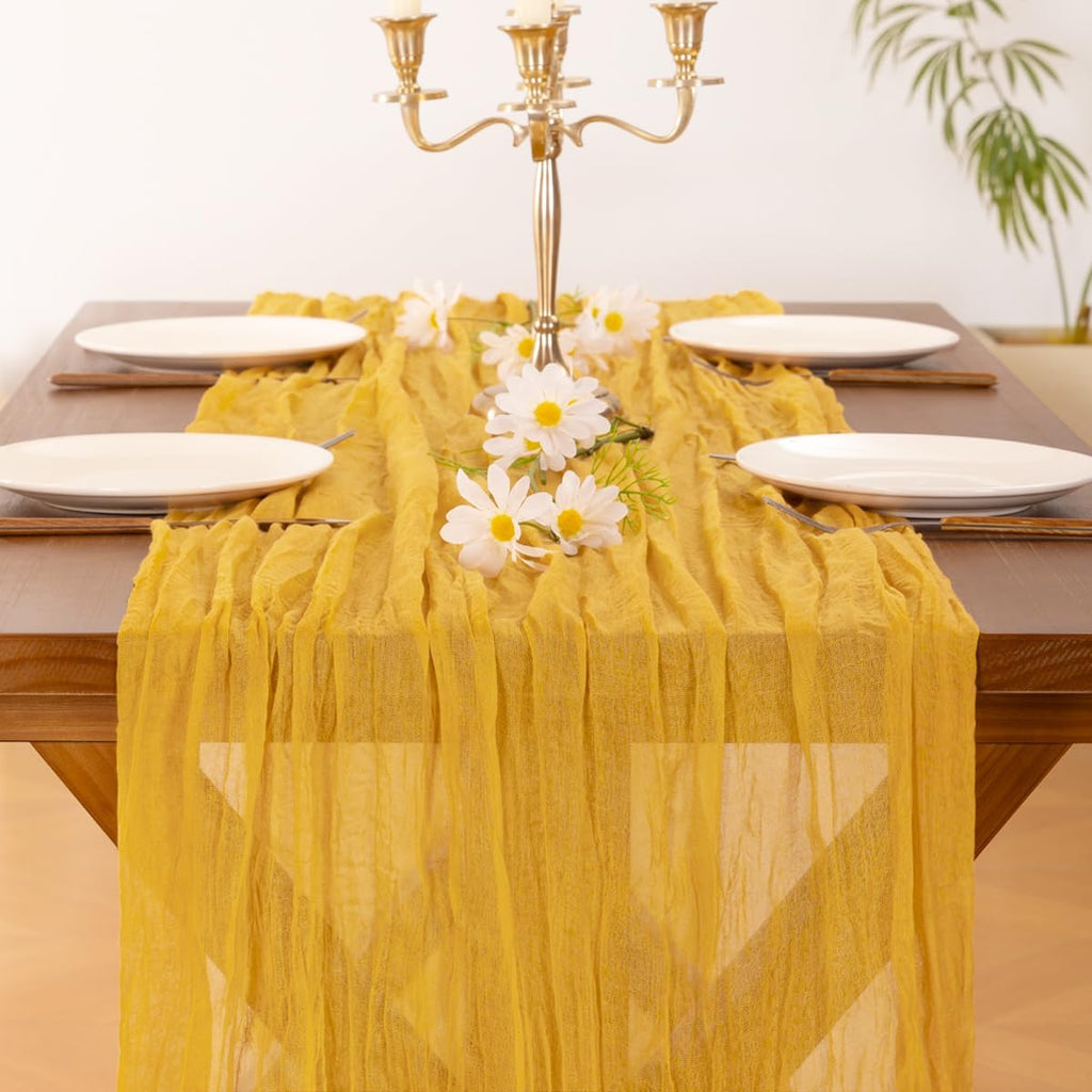 Socomi Cheesecloth Table Runner - 10pcs Gold Yellow Boho Rustic 120-Inch for Weddings & Events