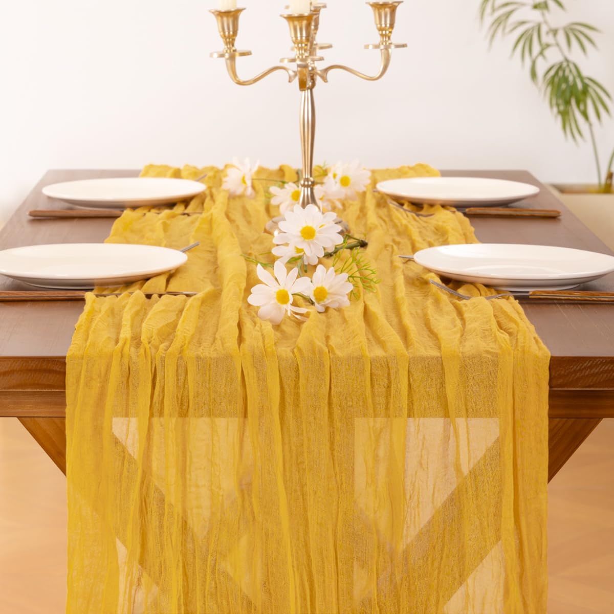 Socomi Cheesecloth Table Runner - 120 Inch Gold Yellow Boho Rustic Decor for Weddings & Parties