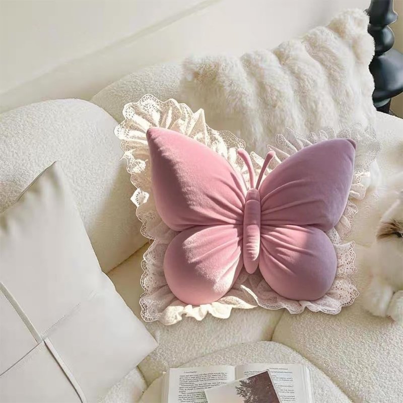 Butterfly Throw Pillow,21.6 inch Velvet Butterfly Decorative Pillow with Lace Trim,Animal Pillow for Couch Living Room Bed,Home Garden Decor (Pink)