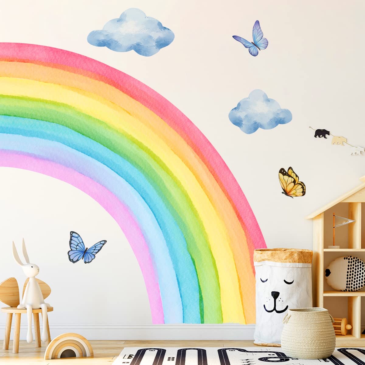 Supzone Large Rainbow Cloud Butterfly Wall Stickers Toddlers Girl Bedroom Wall Decals DIY Vinyl Mural Art for Baby Nursery Bedroom Playroom Home Decoration