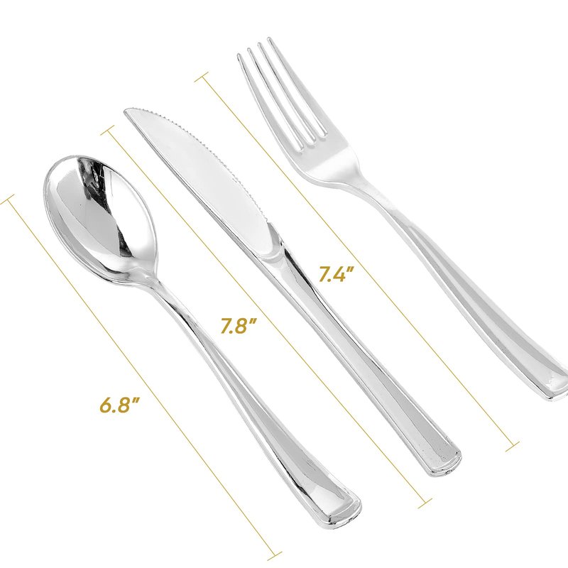 FOCUSLINE 160 Pack Silver Plastic Silverware Set, Plastic Flatware Set- 80 Silver Forks, 40 Knives, 40 Spoons, Heavy Duty Disposable Cutlery for Weddings, Parties, Dinners
