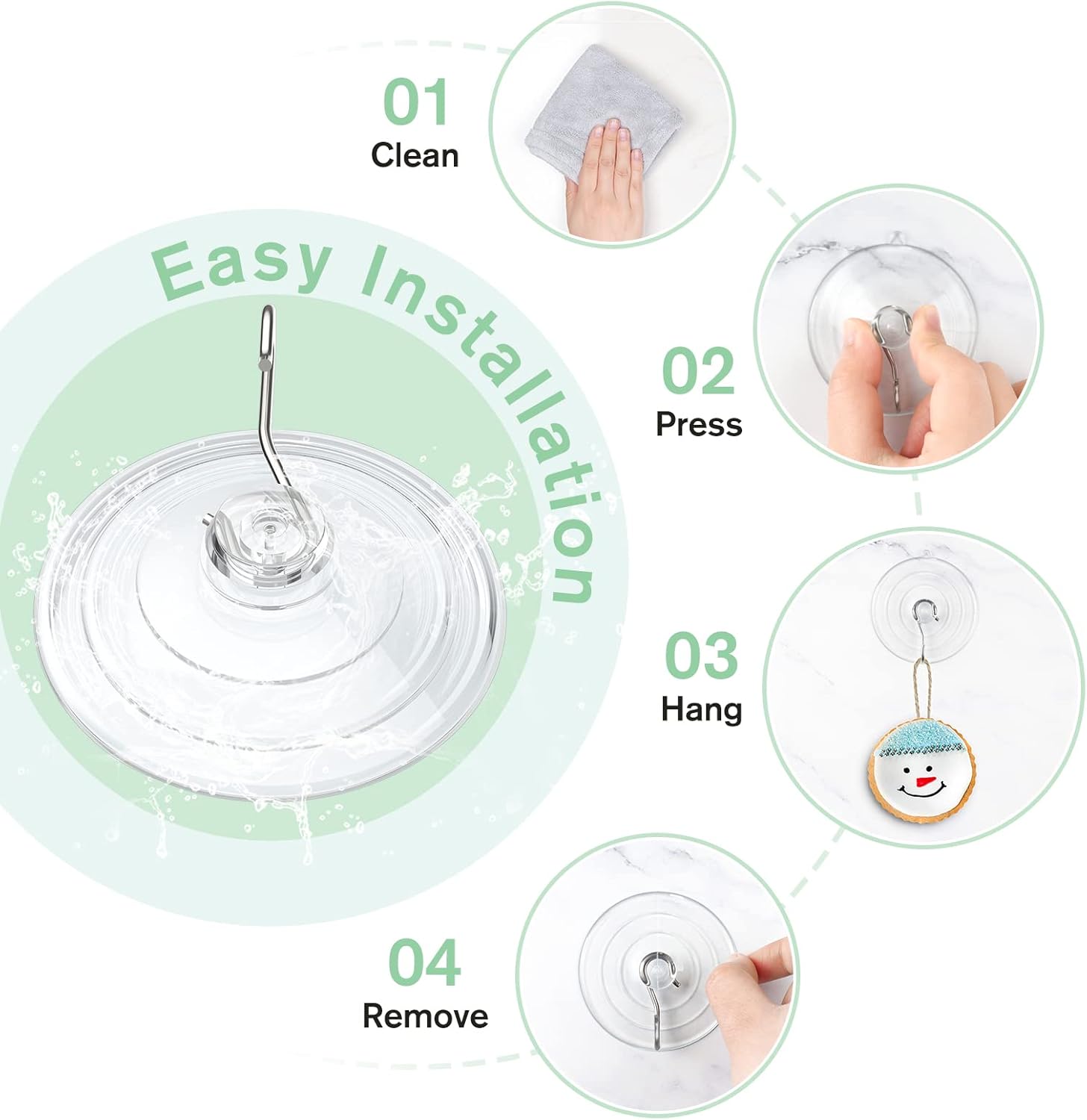 VIS'V Suction Cup Hooks - 2.5 Inch Large Clear Suction Cups with Metal Hooks | Removable & Reusable, 10 Pcs