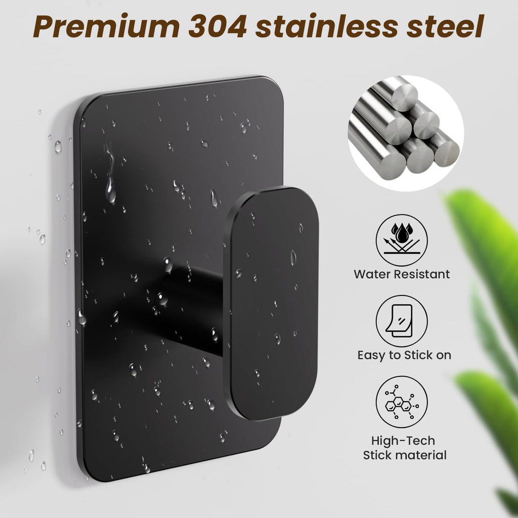 Skiennix Heavy Duty Self-Adhesive Hooks - 26lb Max Capacity, Waterproof & Rustproof for Bathroom | 4 Pack (Black)