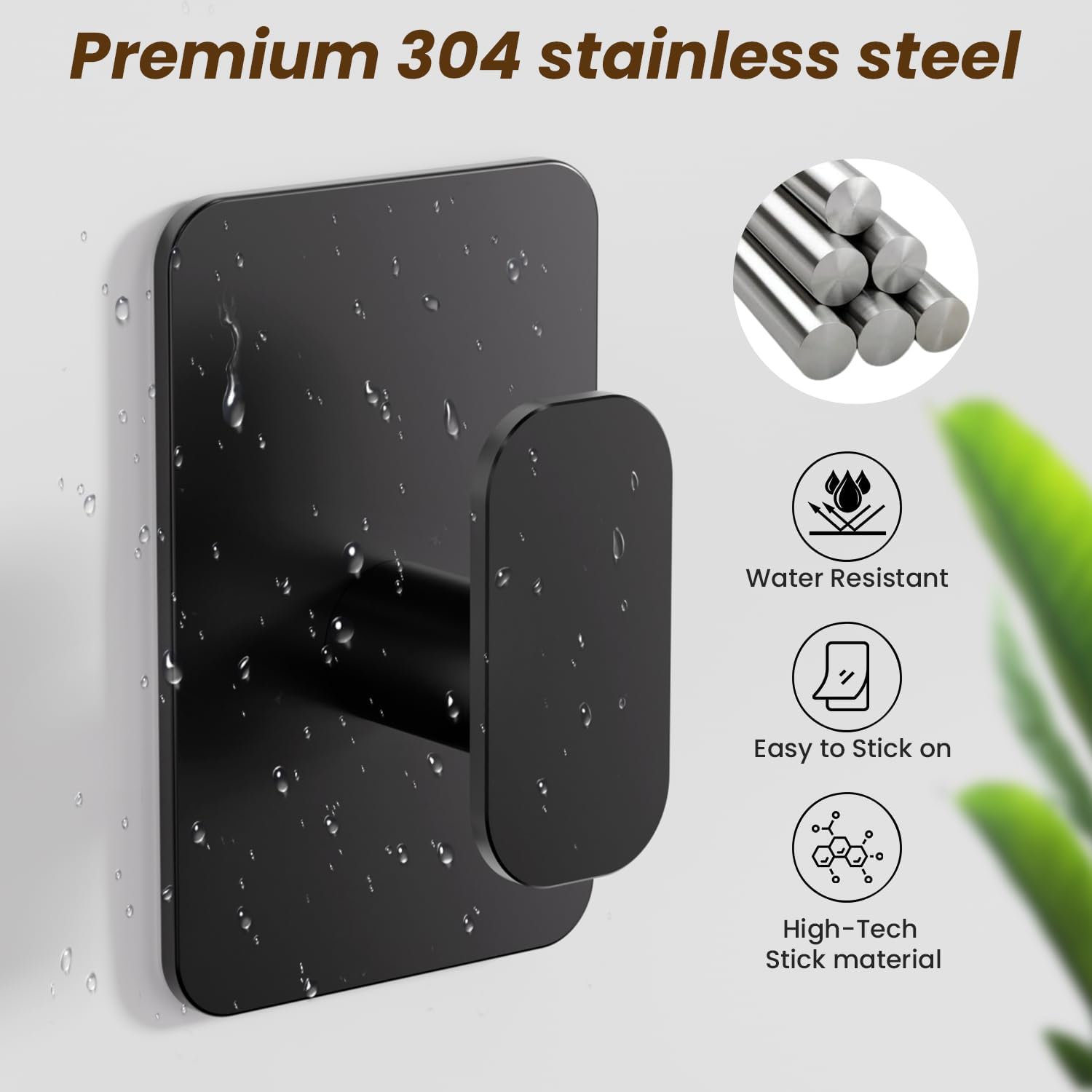 Skiennix Heavy Duty Self-Adhesive Hooks - 26lb Max Capacity, Waterproof & Rustproof for Bathroom | 4 Pack (Black)