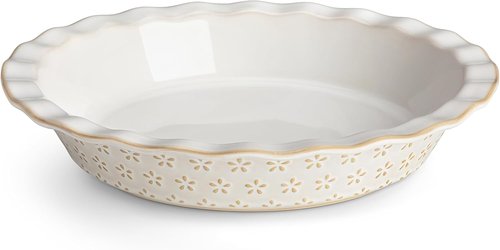 MALACASA Pie Pan - 9 Inch Stoneware Deep Dish for Baking | Embossed Fluted Quiche Dish, 45 OZ