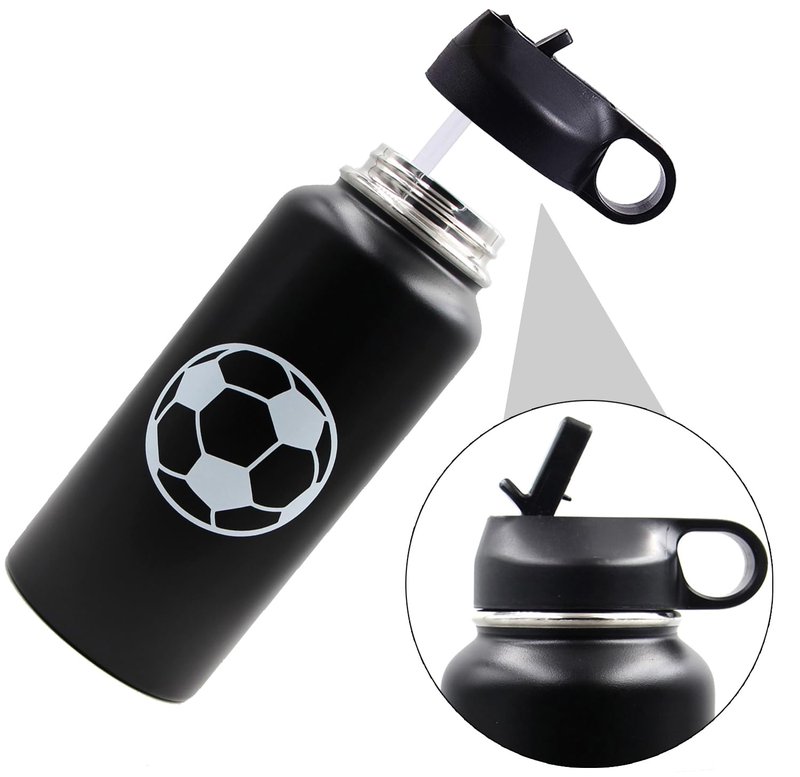 32 oz Soccer Water Bottle with Straw, Wide Mouth Sports Flask Metal Travel Tumbler with 2 Lids, Stainless Steel Double Wall Vacuum Insulated Leakproof Thermo Water Bottles, Soccer Gifts for Boys Girls