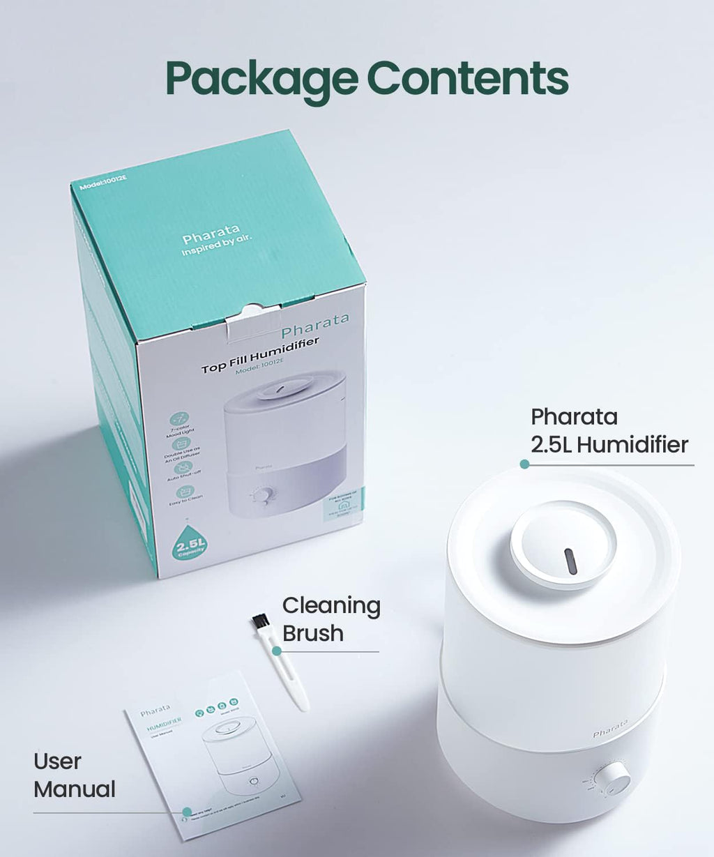 Pharata Humidifier - 2.5L Cool Mist Essential Oil Diffuser for Large Rooms | Top Fill Design, Auto Shut-Off