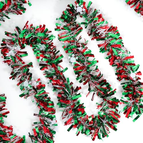 50ft Christmas Metallic Tinsel Garland with Snowflakes - Red and Green