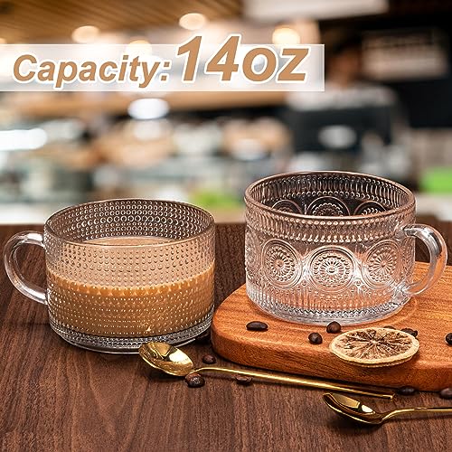 Xigugo Vintage Glass Coffee Mugs Set 4pcs 14oz with Bamboo Lids & Spoons