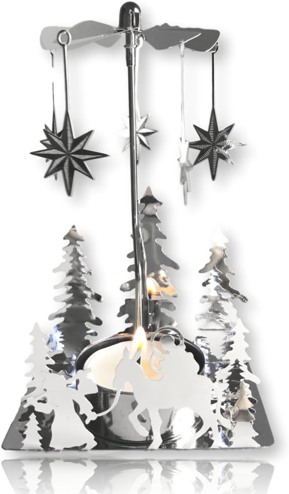 Nativity Candle Spinner - Laser-Cut Silver Tea Light Holder with Nativity Scene & Moravian Stars | 5" H x 3.5" L