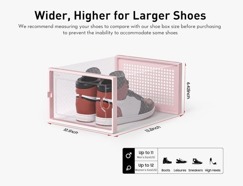 Kuject X-Large Clear Plastic Shoe Storage Boxes - Stackable 12 Pack for Sneakers & Toys | Pink