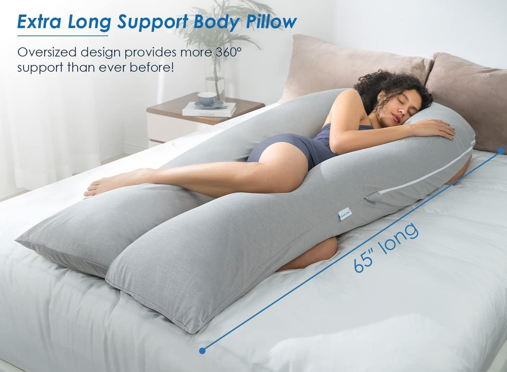 Queen Rose Extra Long U-Shaped Body Pillow - Cooling Pregnancy Pillow for Full Body Support, 65 Inch, Grey