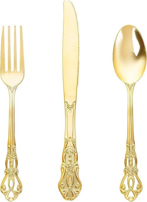 Joyido 90 Pieces Gold Plastic Silverware - Heavy Duty Gold Disposable Utensils - Fancy Plastic Cutlery Set Includes 30 Forks, 30 Spoons, 30 Knives for Dinner Parties Weddings