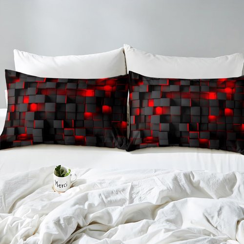 Feelyou Red and Black Bedding Set Queen Size Light Geometric Comforter Set for Kids Boys Girls Decor Comforter Modern Duvet Set