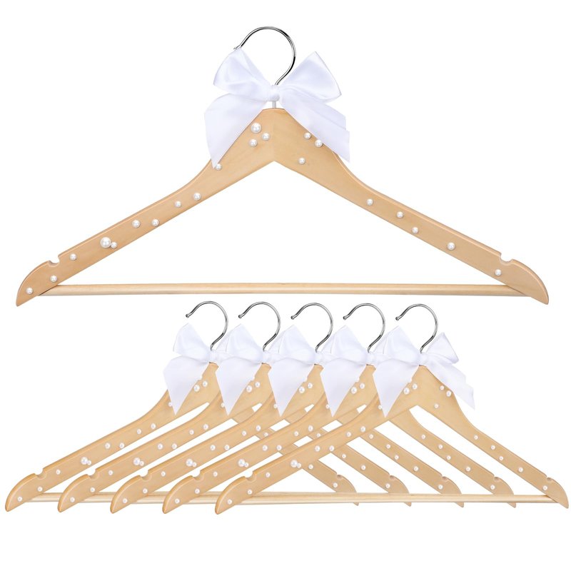 Wonderjune 10 Pcs Bridesmaid Hangers for Wedding Bride Groom Ribbon Bow Pearl Hanger Wood Color Elegant Wooden Dress for Bridal Shower Tuxedo Photo Keepsake Party Gift(Pearl Bow,White)
