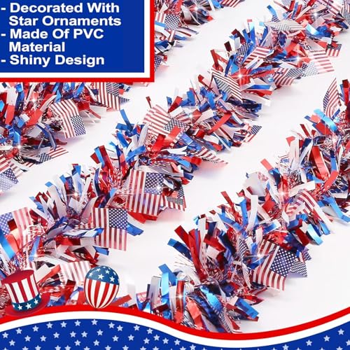 50ft Patriotic Tinsel Garland with American Flags - Red White & Blue Decor