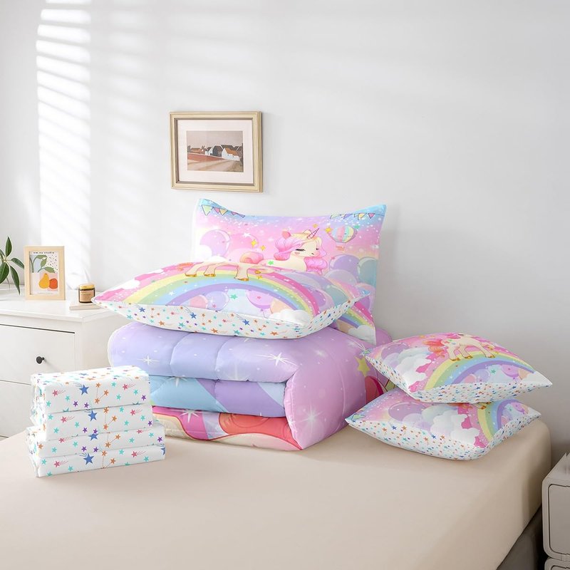Feelyou Unicorn Girls Bed in a Bag Full Rainbow Kids Pink Unicorn Comforter Set with Sheets Kawaii Cute Stars 7 Piece Bedding Set Teens Children Adults Cartoon Unicorn Room Decor All Season