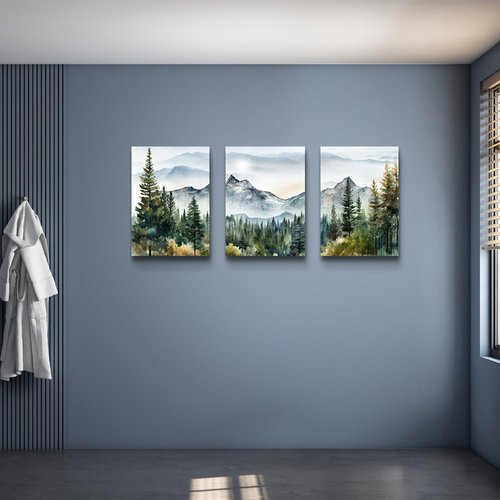 MHARTK66 Large Wall Art - Modern Abstract Mountain Forest Landscapes | 3-Piece Framed Canvas Set for Living Room & Office Decor