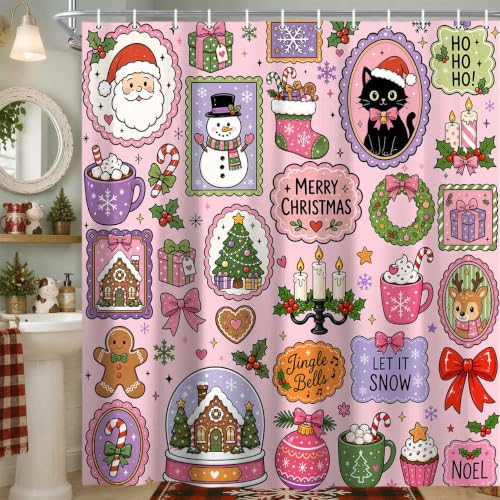 DeeCabin Pink Christmas Shower Curtain Santa Claus & Black Cat 70x70 Inches