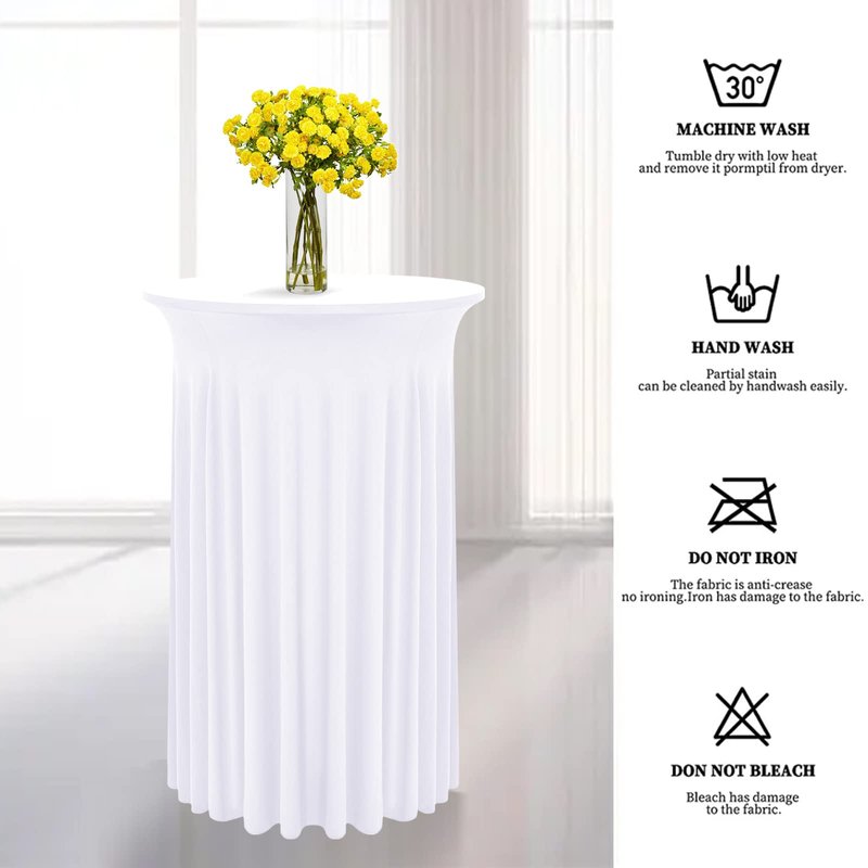 REWOMC 8 Pack White Spandex Round Cocktail Table Skirt, 24"x 43", Wavy Drapes, Stain & Wrinkle Resistant, Perfect for Cocktail Parties, Weddings, Banquets