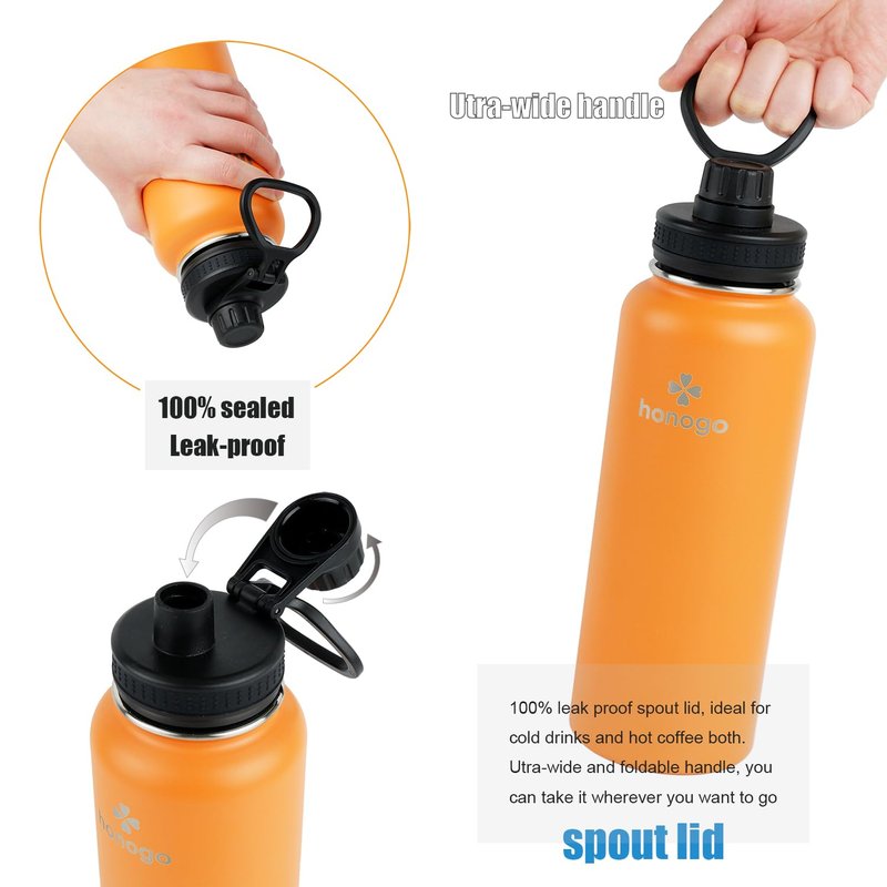 honogo 40 oz Double Wall Insulated Metal Water Bottle for Men, Women & Kids, 18/8 Stainless Steel Wide Mouth Thermal Flask with Straw Lid & Spout Lid, Leak Proof, Keep Hot and Cold (Orange, 40 oz)