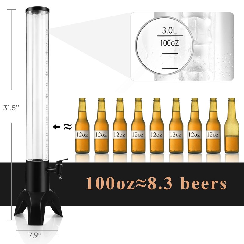 COSYOO Drink Tower, 3L Drink Tower Dispenser With Ice Tube and Led Light, Tabletop Beer Dispenser 3.17 Qt./3 L, Ideal for Parties Bars Pubs Restaurants