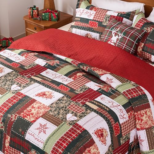 PPOLCA Christmas Queen Quilt Bedding Set - Reversible Patchwork Bedspread, All Season, Forest Green, Queen Size