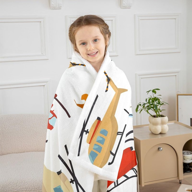 Airplane Sherpa Blanket Throw 50"x60" Aircraft Helicopter Blanket Throw For Kids Boys Teens Young Man Cartoon Airplanes Fleece Blanket Aviation Theme Fuzzy Blanket Bedroom Sofa Decor White