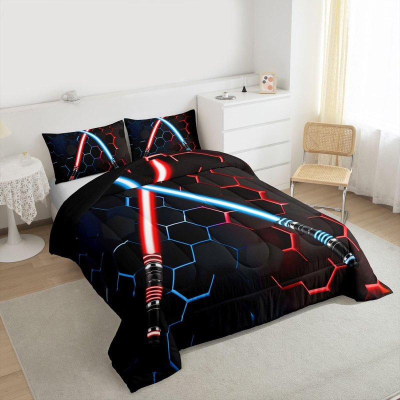 Neon Red Blue Lightsaber Bedding Set Twin Size Geometric Honeycomb Comforter Set 2Pcs for Kids Girls Boys Teens Room Decor Fashion Games Quilt Set Black 3D Hexagon Duvet Insert,1 Pillowcase