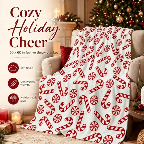 Zzkol Candy Cane Christmas Throw Blanket 50x60in - Red & White Peppermint (Candy Cane Variation)