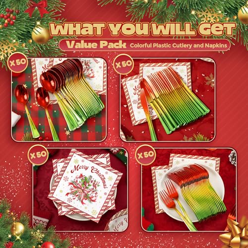 Hushee Disposable Christmas Silverware Set - 200 Pcs Red & Green Plastic Utensils with Napkins