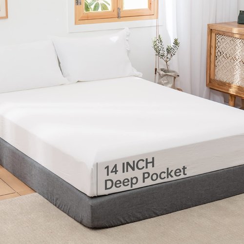 Simple&Opulence Linen Fitted Sheet (1 Piece) - 14 Inch Deep Pocket Mattress Cover Natural Flax Cotton Blended Soft Breathable Bedding - White, Queen Size