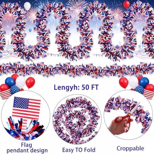 50ft Patriotic Tinsel Garland with American Flags - Red White & Blue Decor