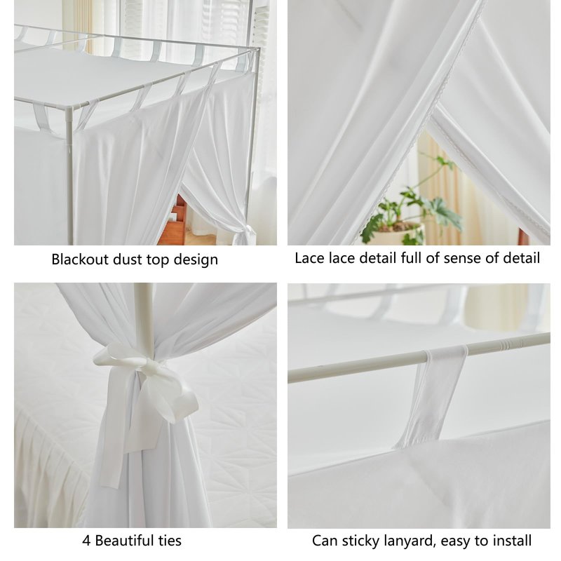 AIKASY White Canopy Bed Curtains with Top Ties and Tie Backs for Bedroom Decoration - Queen Size Bed Curtains with Windproof and Lightproof Features