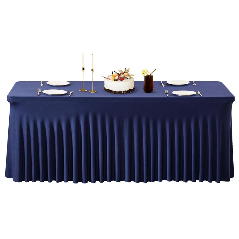 PARTISKY 2 Pack Navy Blue Table Cover for Rectangle Tables 8ft,One-Piece Spandex Elastic Table Cloth with Skirt for Wedding Folding Table Banquet Baby Shower & Birthday Parties