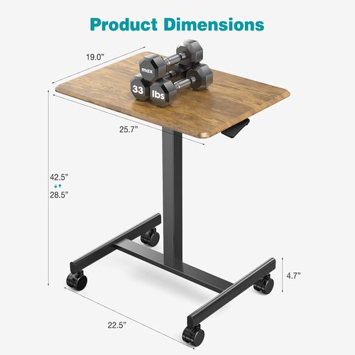 DUMOS Portable Small Standing Desk - Adjustable Height Laptop Workstation with Lockable Wheels | 19 Inch Brown