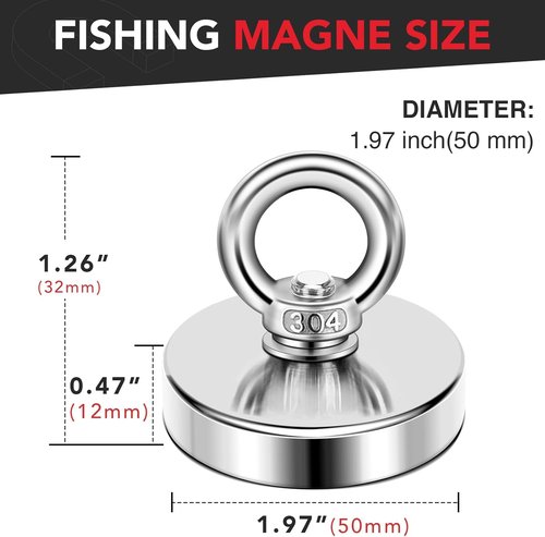 DIYMAG Neodymium Fishing Magnet - 350 Lbs Pulling Force | 1.97 Inch Eyebolt for River Retrieval