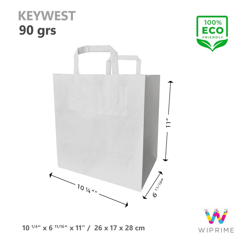 WIPRIME Paper Bag Model Key West of 200 White Kraft with Flat Handles – 10 1/4 x 6 11/16 x 11 Inches Durable, and Perfect for Retail, Grocery, Takeout,Gifts, and Food Packaging