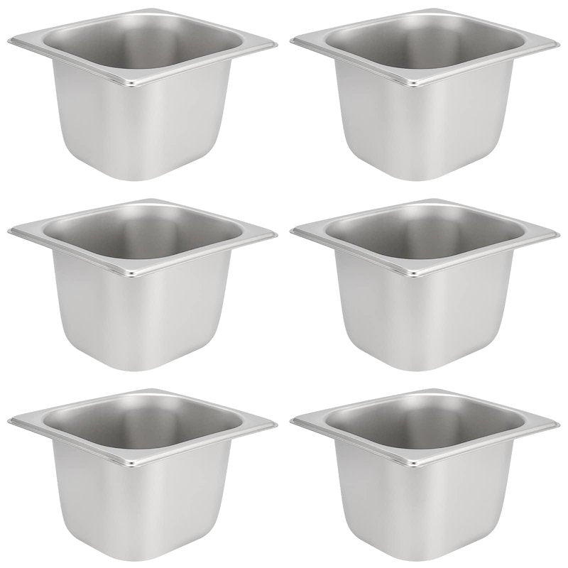 JAPCHET 6 Pack Stainless Steel Steam Pan 1/6 Size, Anti-Jam Steam Table Pan, Hotel Pans 1/6 Restaurant Buffet Trays, Prep Table Containers Metal for Catering, 4 Inch Deep