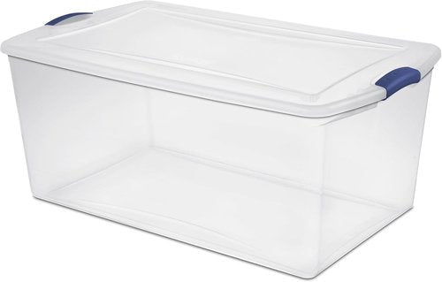 105 Qt. Plastic Storage Bin - Durable Lid, Stackable Clear Tote with Blue Buckles for Easy Organization