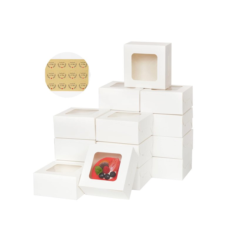Zzrywuty 50 Packs 5x5x2.5in White Cookie Boxes, Bakery Boxes with Window, Mini Cake Boxes, Food Container Boxes for Cookies, Pastry, Pie, Strawberries, Donuts, Candy, Desserts, Small Cake