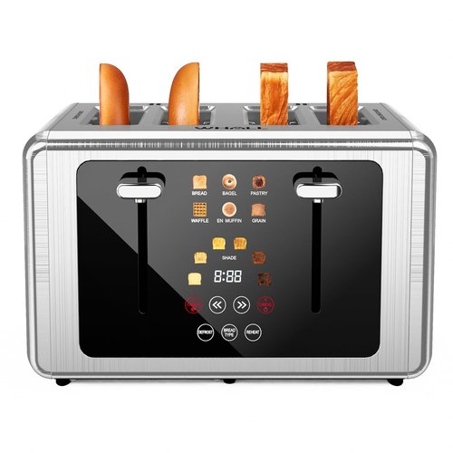 Whall 4-Slice Smart Toaster with Touchscreen & Extra-Wide Slots, Dual Independent Control, 6 Browning Levels & 6 Bread Types, Memory Function,Countdown Timer, Ideal Kitchen Gift,Silver