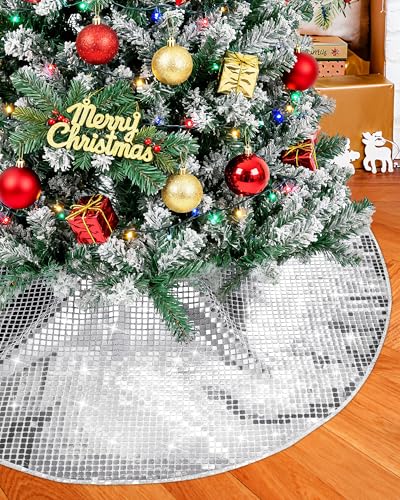 Eternal Beauty Silver 36-Inch Shiny Disco Christmas Tree Skirt for Holiday Decorations