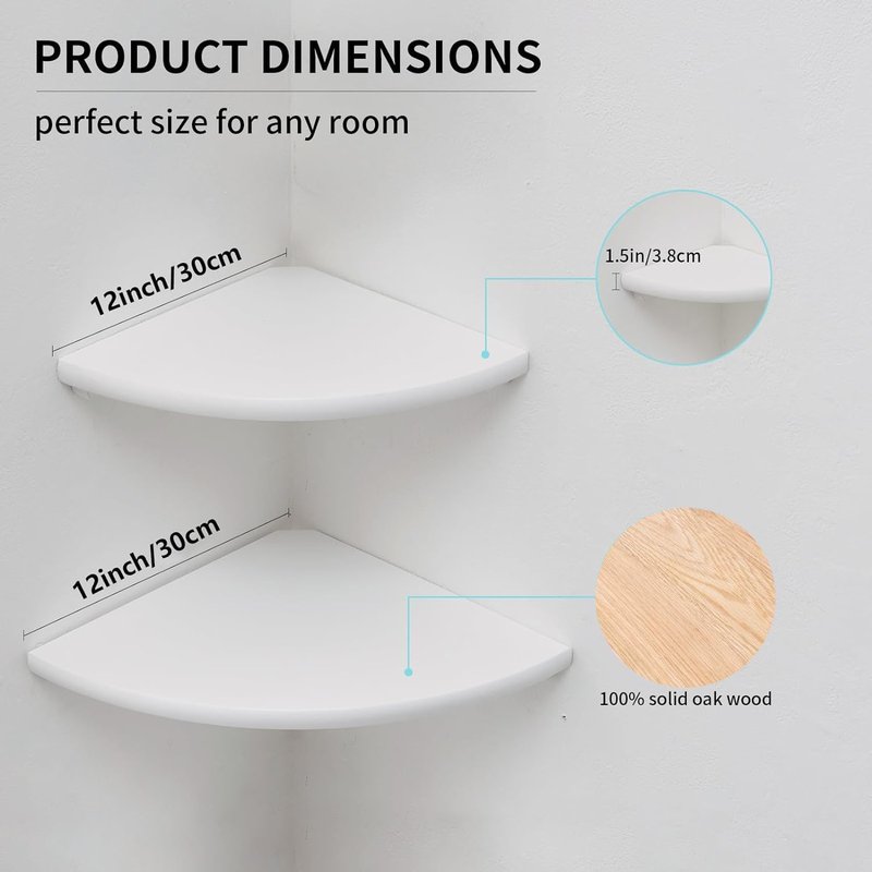 BEUGAWHOO White Corner Shelf, Wall Mount 12inch Natural Oak Wood Floating Corner Wall Shelf Round End Small Corner Nightstand Plant Shelf for Bedroom, Kitchen, Living Room Set of 2