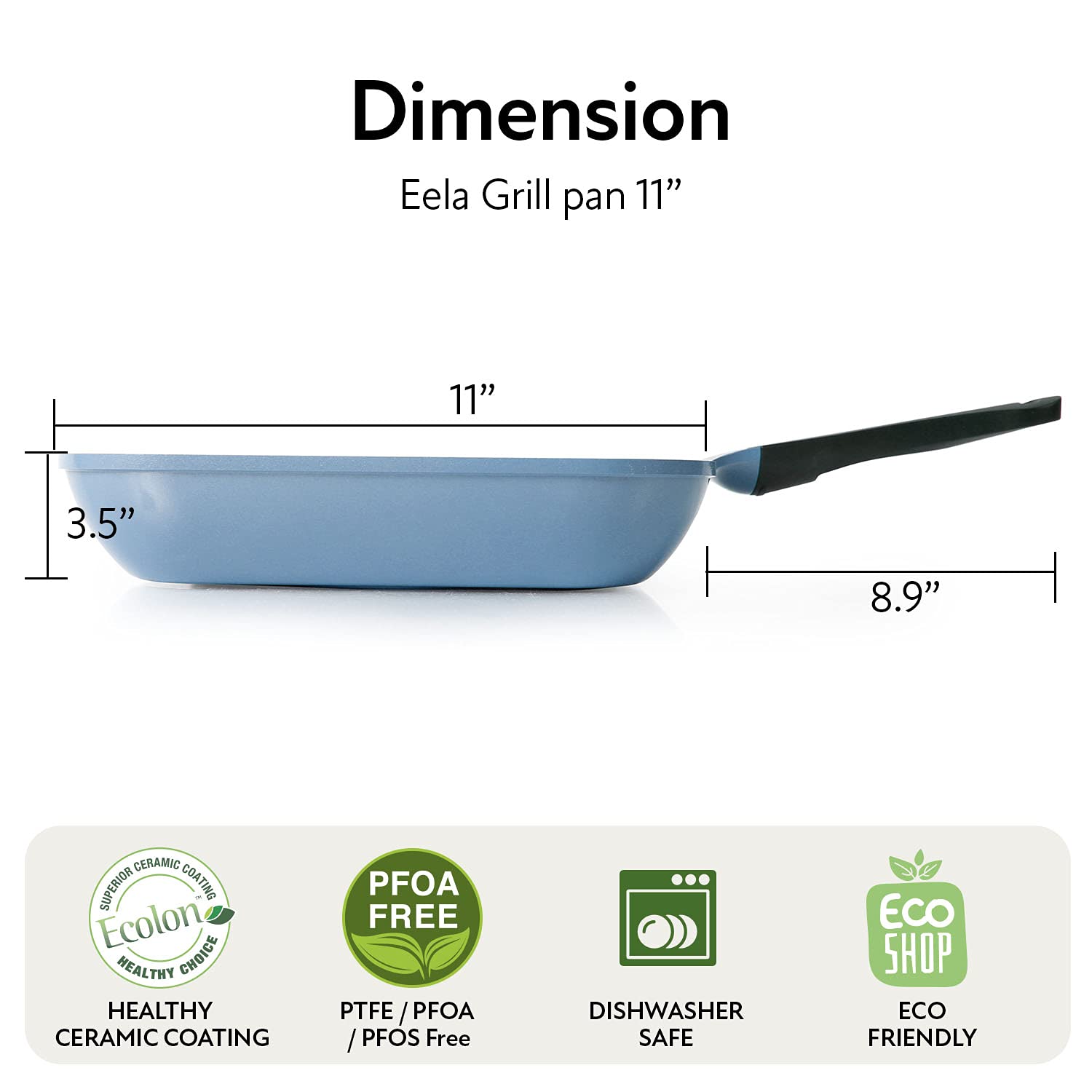 Neoflam Eela 11'' Non Stick Grill Pan Griddle Square Stovetop Grill with Sear Ridges, PFOA Free Ecolon Ceramic Coating for Skillet, broil, Fish, Vegetables and Meat, Scratch Resistant, Blue