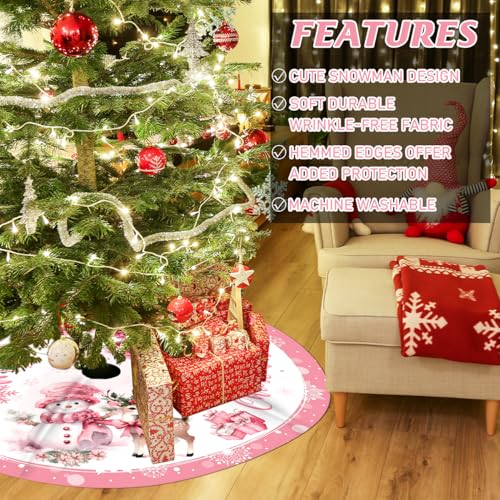 48 Inch Pink Christmas Tree Skirt with Snowman Design - Holiday Decor