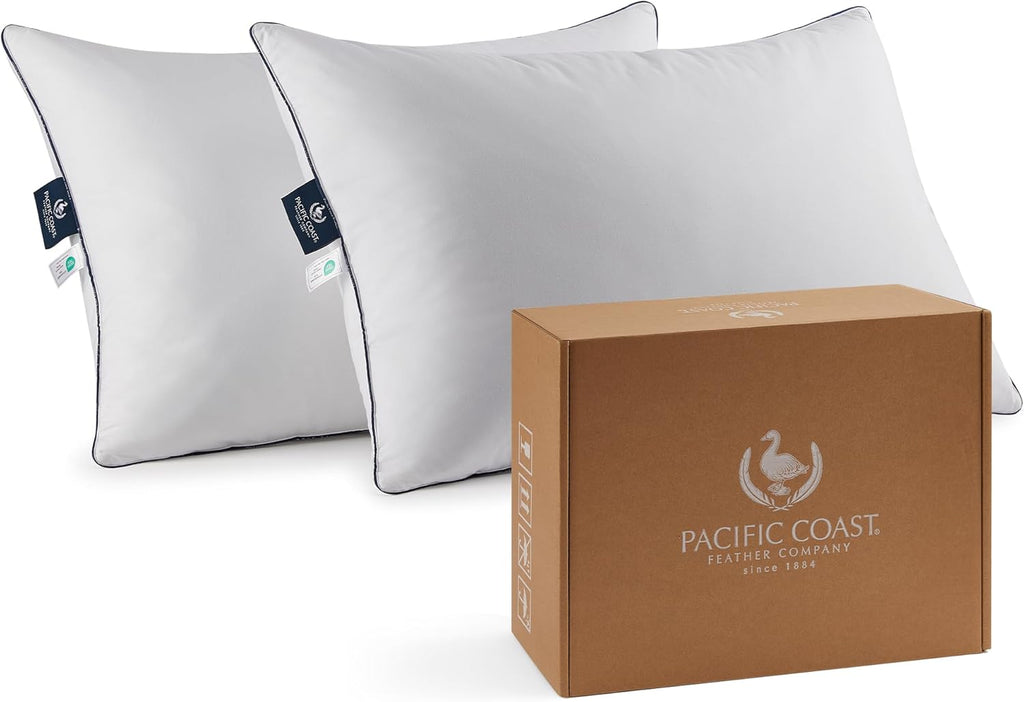 Pacific Coast Goose Feather & Down Bed Pillows - Soft, Fluffy Standard Size Set of 2 | Downproof 100% Cotton Shell