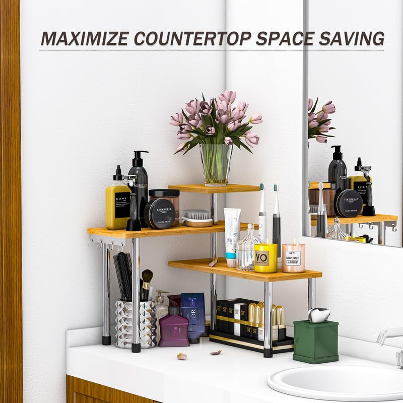 3-Tier Adjustable Bamboo Countertop Organizer with 4 Hooks for Kitchen & Bath