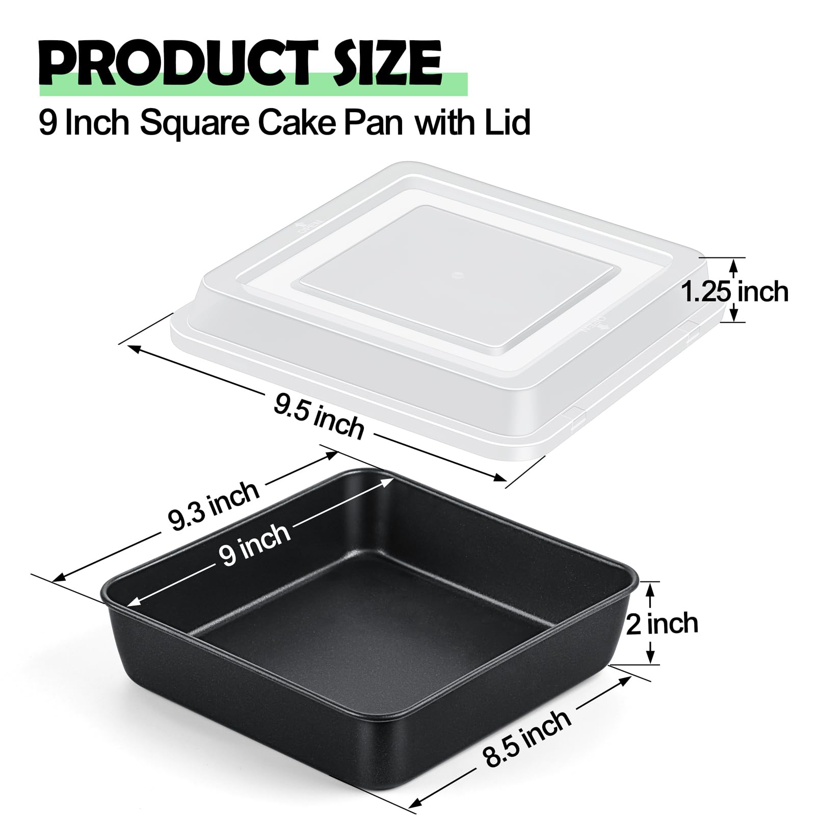 TeamFar 9x9 Inch Square Cake Pan with Lid, Non-Stick Square Baking Roasting Pan, with Stainless Steel Core for Cooking Brownie Lasagna, Non-Toxic & Heavy-Duty, Release & Clean Easily (1 Pan+1 Lid)
